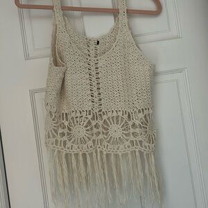 Boho Crochet Cotton Knit Top With Fringe-Boutique size L